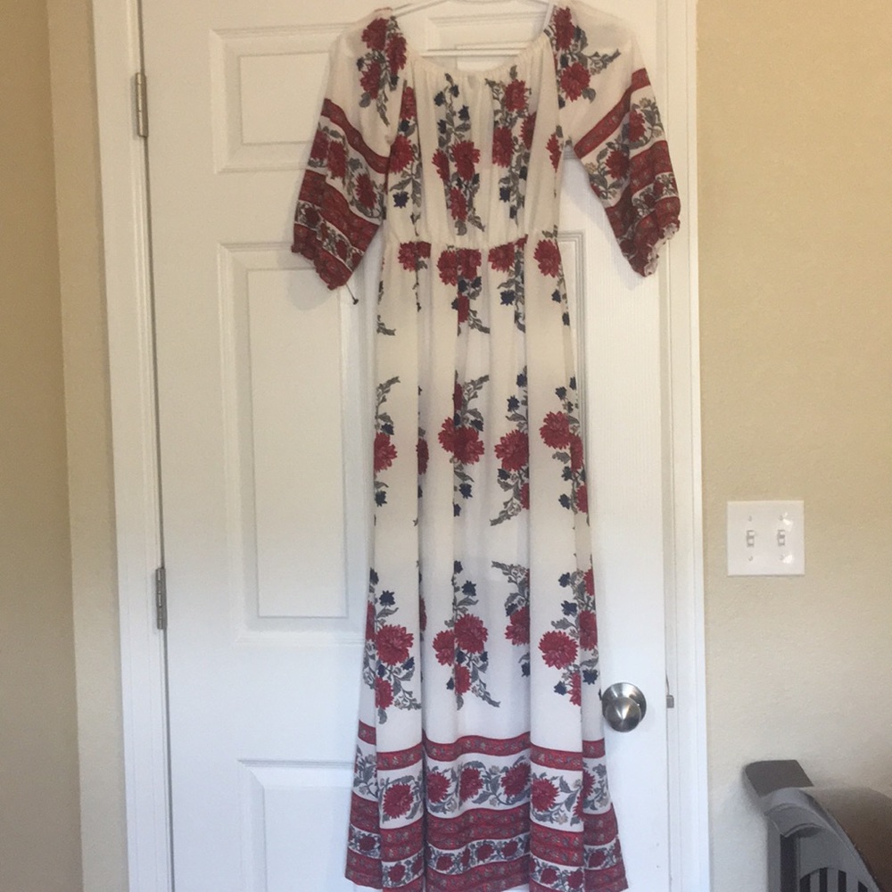 Red Flowery Maxi dress w/ White Slip on